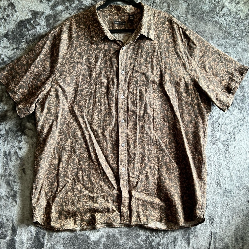 Structure 100% Linen Shirt Mens 2XL‎ Brown Floral Scroll Short Sleeve Coastal